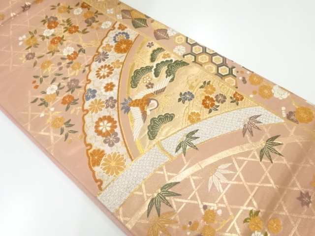 アンティーク　光悦垣に花鳥模様織出し袋帯（材料）